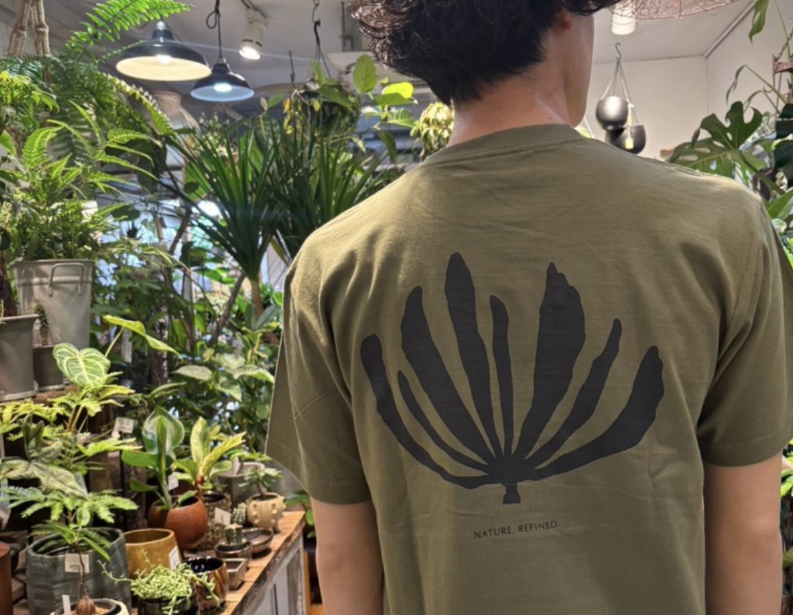 植物に囲まれた店舗でGXアートTシャツ（カーキ）の背面を着用したスタイリング