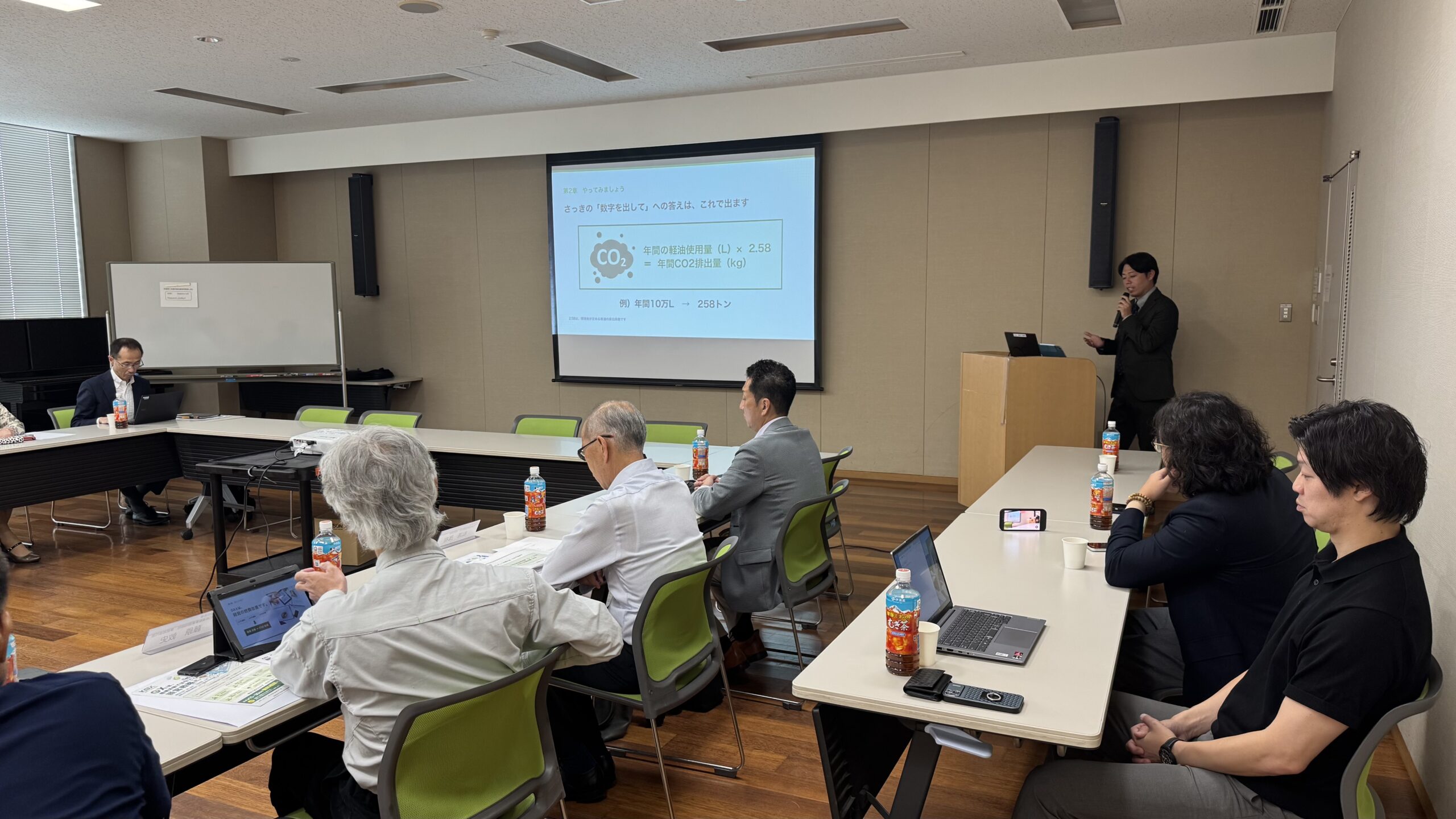軽油使用量からCO2排出量を計算するスライドを見ながら聞き入る参加者たち